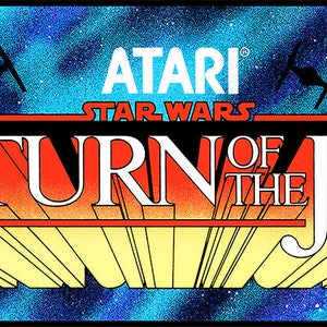 May include: Atari Star Wars Return of the Jedi arcade game marquee. The image features the game's title in bold red and white letters, with a Death Star, a spaceship, and a Tie Fighter against a starry background.