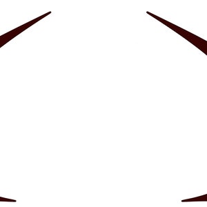 May include: Two dark maroon, curved shapes, resembling horns or crescent moons, are positioned symmetrically against a white background. The shapes are smooth and solid, with a pointed tip on each end.