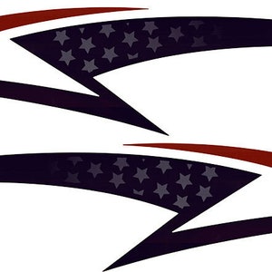 May include: Two matching dark blue vehicle decals with a patriotic design. Each decal features a section with white stars on a dark blue background, and a red and white stripe. The decals have a curved, aerodynamic shape.