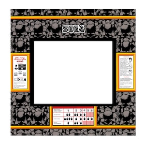 May include: A retro arcade game panel featuring the SEGA logo at the top. The panel has a black frame with a white center. The background is a gray and black geometric pattern. Text includes "GOLDEN AXE" and game instructions.