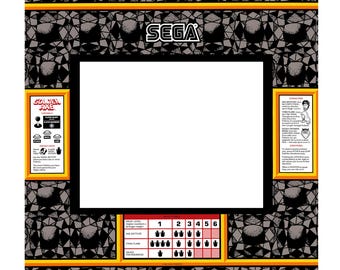 May include: A retro arcade game panel featuring the SEGA logo at the top. The panel has a black frame with a white center. The background is a gray and black geometric pattern. Text includes "GOLDEN AXE" and game instructions.
