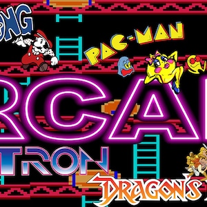 May include: A colorful illustration of classic arcade games, including Donkey Kong, Pac-Man, Joust, Tron, and Defender. The word "ARCADE" is written in large, neon purple letters.