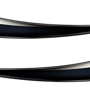 May include: Two curved, abstract design elements. Each element features a black, glossy exterior with a silver-colored interior and a white accent. The shapes are elongated and appear to be floating against a white background.
