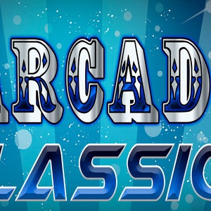 May include: A banner with the words "ARCADE CLASSICS" in a blue and silver font, featuring cartoon characters from classic arcade games. The background is a gradient of blue with white sparkles.