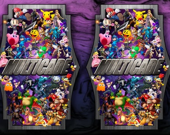 May include: A purple and black background with a silver frame. The frame has the word "MULTICADE" in large silver letters. The background is filled with a collage of video game characters, including Mario, Sonic, Pikachu, and Pac-Man.