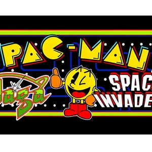 May include: A black background with a green, yellow, and red arcade game title card. The title card features the text "PAC-MAN", "GALAGA", "SPACE INVADERS", and the Pac-Man character. The card also features a green insect and a black monster.