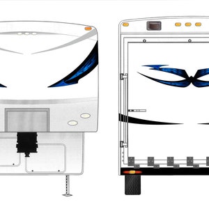 May include: White fifth-wheel trailer with blue and black decorative accents. The front features stylized blue flame designs, while the rear has a similar design. The trailer has a hitch and leveling jacks.