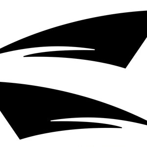 May include: Two black and white graphic design elements, each featuring a curved, pointed shape with a white stripe across the middle.