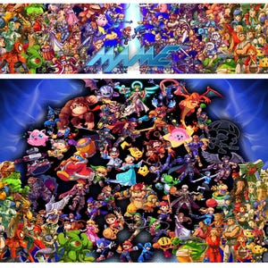 May include: A colorful illustration of a large group of characters from the Super Smash Bros. video game series. The characters are arranged in a circle around the words "Super Smash Bros."