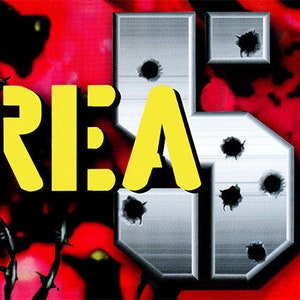 May include: A video game cover with a yellow and black title "AREA 51" on a red and silver background. The background features a green alien creature with a large eye and barbed wire.