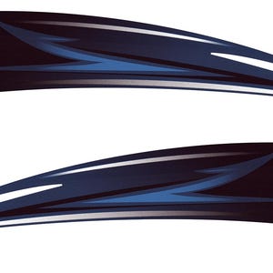 May include: Two black and blue racing stripes with a white outline. The stripes are curved and have a sharp, angular design.
