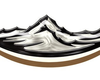 May include: A stylized illustration of a mountain range with snow-capped peaks. The design features a black and white color scheme with a curved, brown accent at the bottom, creating a modern, minimalist aesthetic.