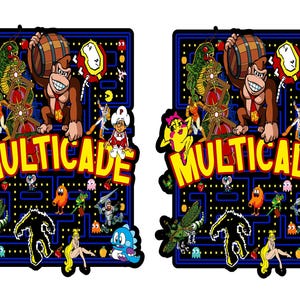 May include: Two colorful illustrations of a video game character holding a barrel, surrounded by other video game characters and the word "MULTICADE".