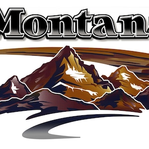 May include: A stylized illustration of mountains with a brown and blue color scheme. The word "Montana" is written in a bold, black font above the mountains.