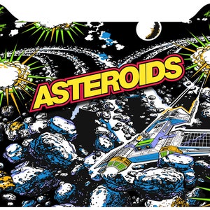 May include: A black and white illustration of a spaceship flying through space with asteroids and explosions. The text "ASTEROIDS" is in yellow letters with a red outline.