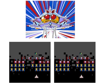May include: A retro-style illustration of a space invader-like ship with a red, white, and blue background. Below are two pixelated video game scenes featuring spaceships and enemies, reminiscent of classic arcade games.