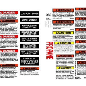 May include: A collection of warning and caution labels for propane systems, including instructions for safe operation, winterization, and maintenance. The labels are printed on white paper with red, yellow, and blue borders.
