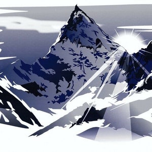 Peut inclure: Une illustration stylisée d'une chaîne de montagnes avec un sommet qui atteint le ciel. La montagne est recouverte de neige et le ciel est bleu clair avec des nuages. Le soleil brille de mille feux, projetant des rayons de lumière sur la montagne.