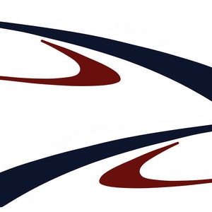 May include: Abstract design with two sets of stylized, curved shapes. Each set includes a long, navy blue arc and a smaller, maroon-coloured curved element. The design is set against a clean white background, creating a modern aesthetic.