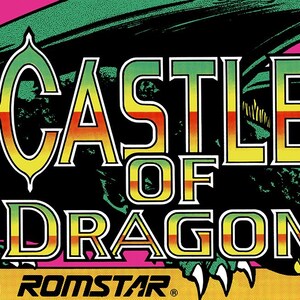 May include: A retro arcade game graphic with the title "Castle of Dragon". The image shows a knight with a sword, a green dragon, and a pink and green background. The Romstar logo is also visible.