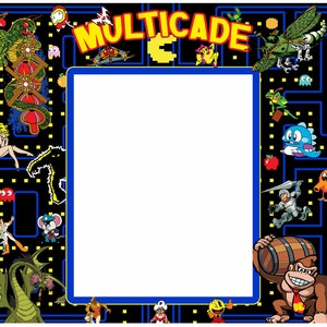 May include: A blue and black arcade game cabinet with a white frame. The cabinet is decorated with various video game characters, including Pac-Man, Donkey Kong, and a dragon. The text "MULTICADE" is displayed in yellow letters at the top of the cabinet.