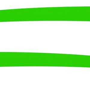 May include: Two bright green, curved lines on a white background. The lines are parallel and have a tapered shape, wider at the center and narrowing towards the ends. The image is simple and abstract.