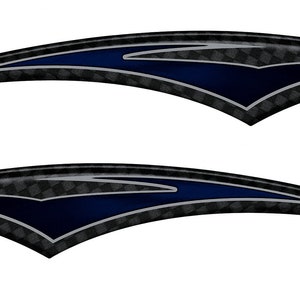 May include: Two curved, symmetrical decals with a dark blue and gray design. The decals have a carbon fiber texture with a dark blue center and silver trim, creating a sleek, modern look. The decals are likely for automotive or vehicle customization.
