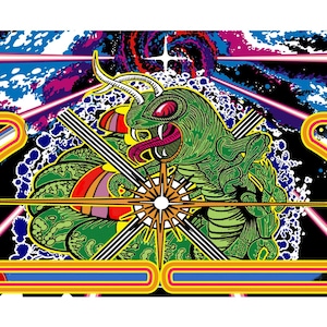 May include: A retro arcade game cabinet featuring a colourful graphic of a green, multi-eyed creature with horns and a long tongue. The creature is surrounded by a starburst and a space-themed background.