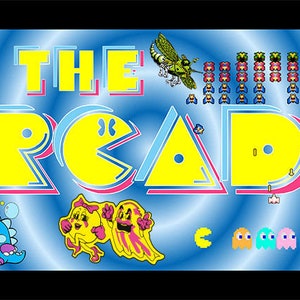 May include: A colorful collage of classic arcade game characters, including Mario, Donkey Kong, Pac-Man, and more. The text "THE ARCADE" is displayed in a bold, yellow font.