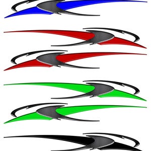May include: Set of six vehicle graphic decals in blue, red, green, and black. Each decal features a curved, streamlined design with a carbon fiber-style accent. The decals are designed for automotive customization.