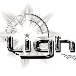 May include: A silver and white logo with the word "Light" in a bold, 3D font. The word "Light" is surrounded by a stylized starburst design. The text "By Open Range" appears below the word "Light".