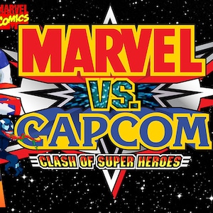 May include: A colourful illustration of characters from the video game Marvel vs. Capcom: Clash of Super Heroes. The image features characters from both the Marvel and Capcom universes, including Spider-Man, Captain America, Ryu, and Chun-Li.