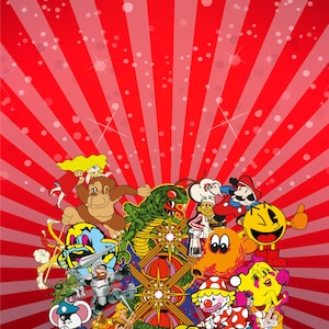 May include: A vibrant illustration featuring a collection of retro video game characters against a red and white striped background. The image includes characters like Pac-Man, Donkey Kong, and others, creating a nostalgic and colorful design.