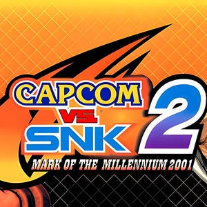 May include: Arcade game banner for Capcom vs. SNK 2. The banner features two muscular male characters, one with a red headband and the other with long black hair and a sword. The game's logo is in the centre, with the text "Mark of the Millennium 2001".