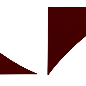 May include: Two maroon-colored abstract shapes against a white background. One shape is a right triangle with a curved hypotenuse. The other shape is a right triangle with a curved side.