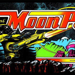 May include: A retro arcade game cabinet with a colorful image of a futuristic vehicle and the text "Williams' Moon Patrol" in red and yellow letters. The vehicle is driving on a rocky surface with a city in the background.