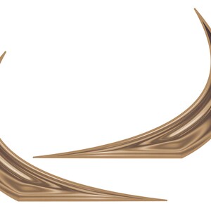 May include: Two abstract, curved shapes in a metallic brown color. The shapes are similar in size and shape, but are positioned at different angles. The shapes are isolated on a white background.