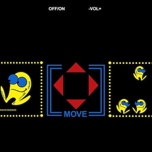 May include: A black and yellow Pac-Man arcade game screen with three panels. The left panel shows a blue and red ghost and a yellow ghost. The middle panel shows a red directional pad with the word "MOVE" below it. The right panel shows three yellow ghosts and the words "START GAME".