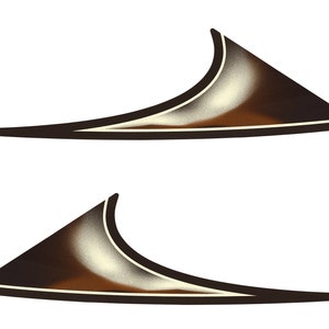 May include: Two abstract, stylized shapes. Each shape is a dark brown, elongated triangle with a curved top and a thin, off-white border. The shapes are set against a white background.