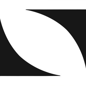 May include: Abstract black and white artwork. Two black, curved shapes are positioned in opposite corners, creating a visual contrast against the white background. The shapes have a triangular base with a curved side.