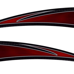 May include: Two curved, red and black vehicle decals. Each decal has a red center with black borders and silver accents. The decals are designed to be applied to a vehicle's exterior for a custom look.