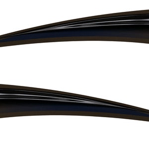 May include: Two curved, abstract design elements. Each element is a dark brown color with a dark blue and silver stripe design. The elements are positioned horizontally, with one above the other, against a white background.