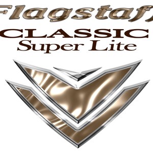 May include: A logo for Flagstaff Classic Super Lite featuring a stylized silver and gold chevron design. The text "Flagstaff Classic Super Lite" is in brown.