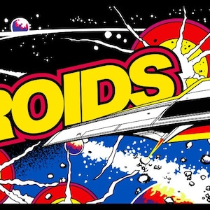 May include: A retro arcade game cabinet with a colourful, space-themed design. The title "ASTEROIDS" is displayed in large, yellow letters with red outlines. The cabinet features a spaceship flying through a blue and black space background with stars, planets, and asteroids.