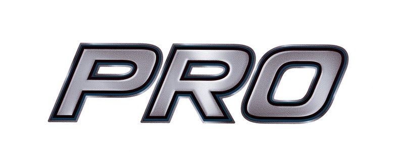 May include: A silver metallic logo with the word "PRO" in a bold, stylized font. The letters have a black outline and a blue inner shadow.