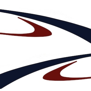 May include: Abstract graphic design featuring two sets of stylized shapes. Each set includes a long, curved navy blue line and a smaller, curved maroon shape. The design is set against a white background, creating a modern aesthetic.