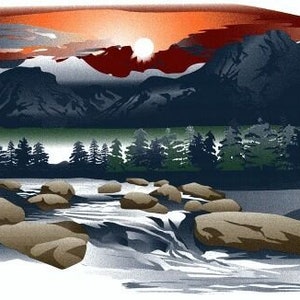 May include: A digital illustration of a mountain landscape with a river flowing through it. The sky is a vibrant orange and red, with a white sun shining in the distance. The mountains are a dark blue, and the river is a light blue. There are trees on either side of the river.