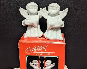 Vintage White Ceramic Angel Candle Holders, Vintage Holiday Decorations