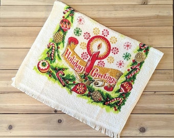 Mid Century Seasons Greeting Holiday Tea Towel, Vintage Holiday Towel, Vintage Towels