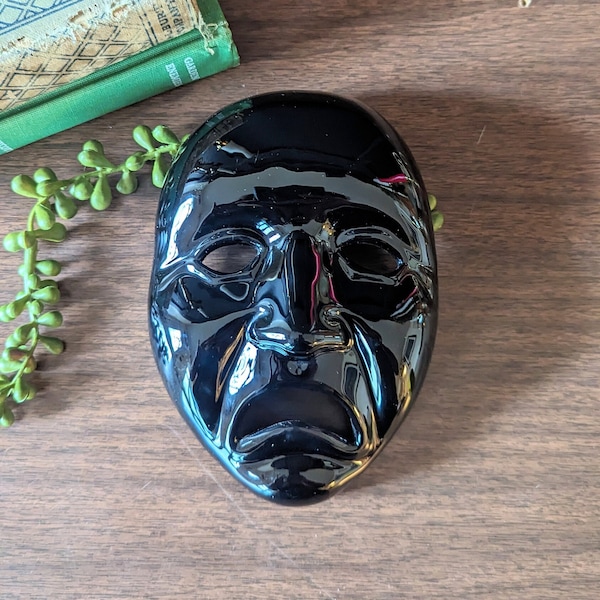 Vintage Ceramic Black Tragedy Theatrical Mask, Midcentury Black Ceramic Shakespearean Tragedy Mask